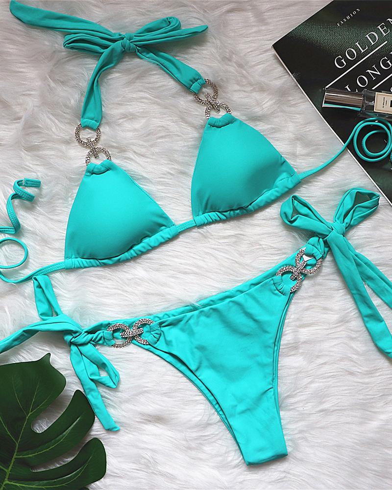 

O-Ring Rhinestone Halter Tied Detail Bikini Set, Green