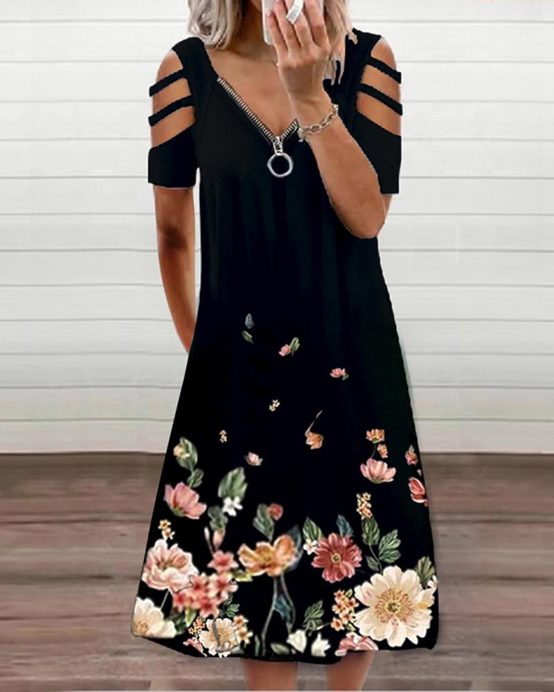 

Zipper Front Hollow-out Gradient Floral Print Dress, Black