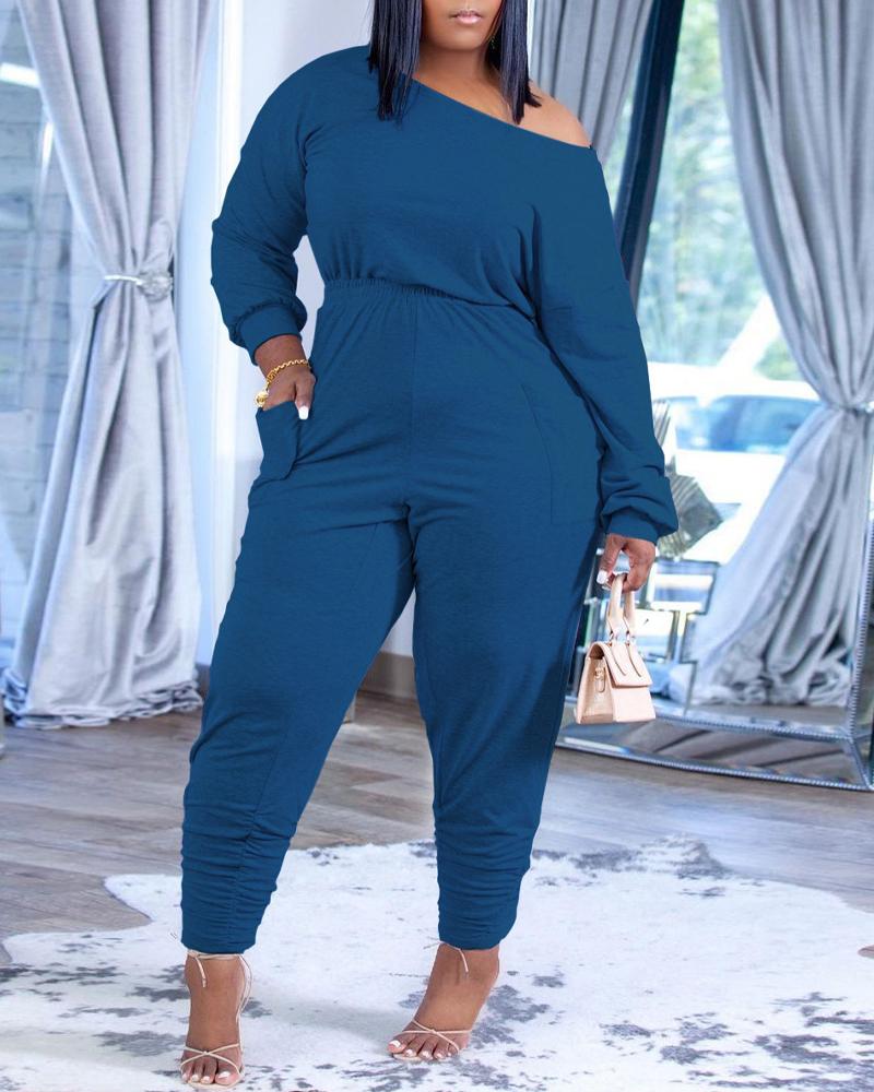 

Plus Size Pocket Detail Long Sleeve Jumpsuit, Blue