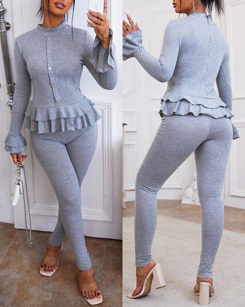 

Buttoned Ruffle Hem Top & High Waist Pants Set, Gray