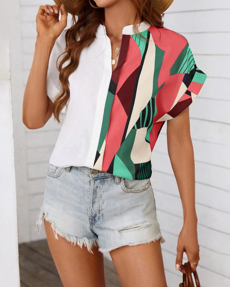 

Colorblock Geometric Print Stand Collar Shirt, Hot pink