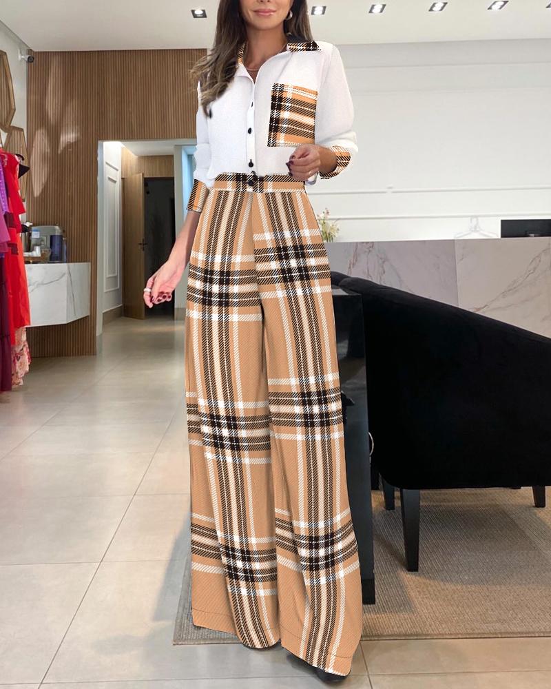

Plaid Print Colorblock Shirt & Wide Leg Pants Set, Brown