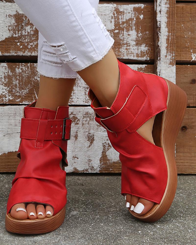

Cutout Peep Toe Buckled Wedge Sandals, Red
