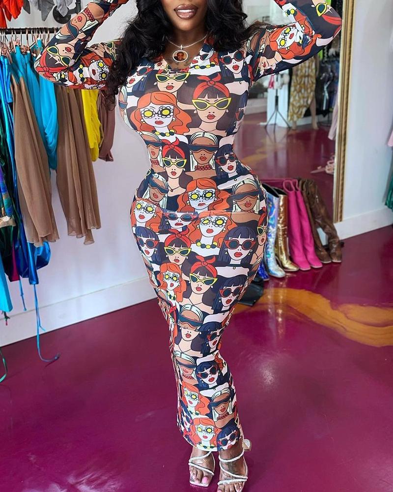 

Figure Cartoon Print Long Sleeve Bodycon Dress, Multicolor