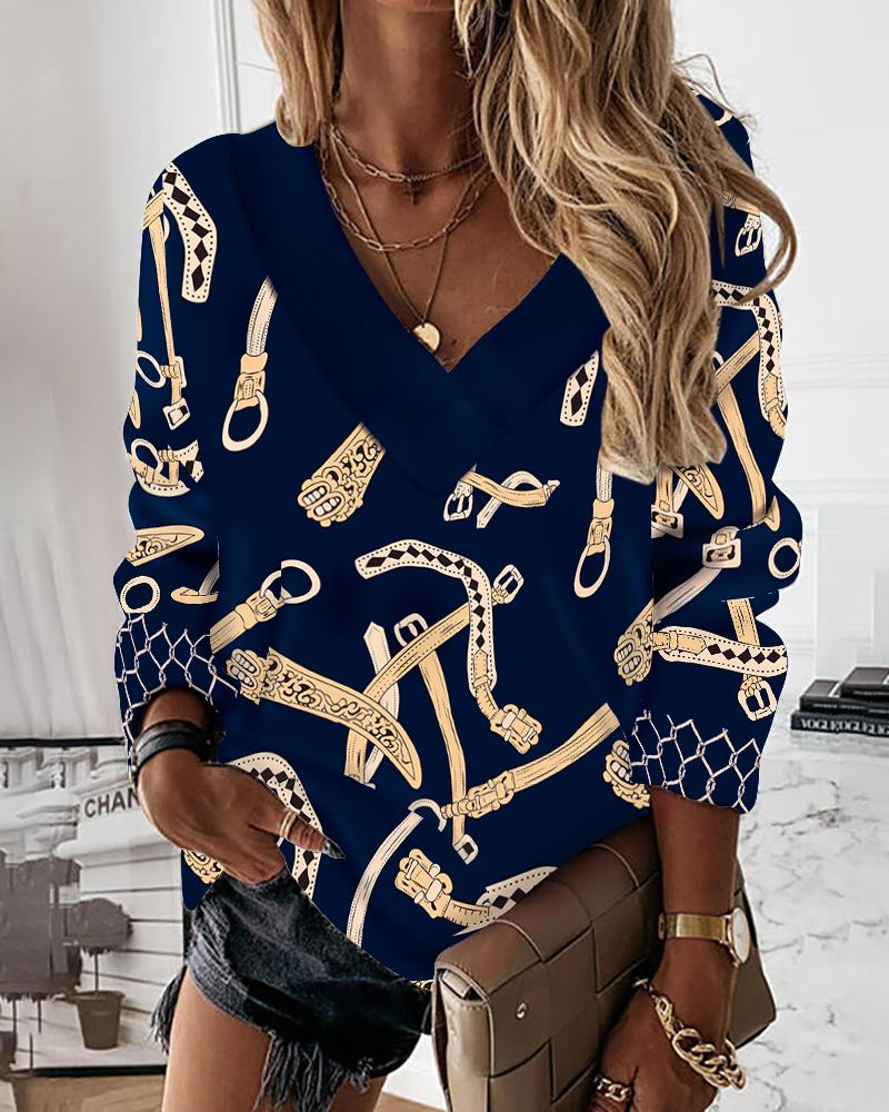 

Scarf Print Long Sleeve Top, Dark blue