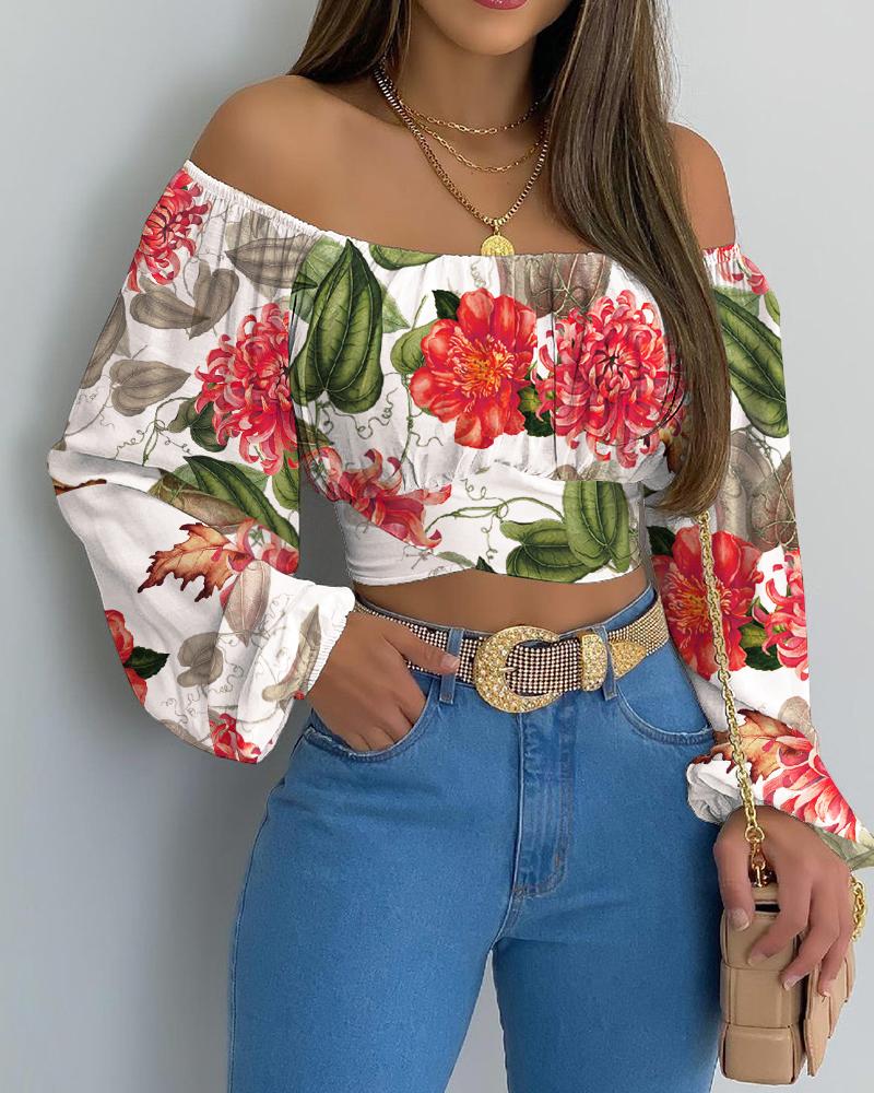 

Floral Print Off Shoulder Ruched Lantern Sleeve Crop Top, Red