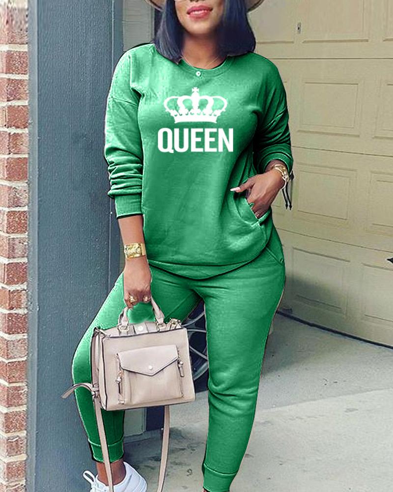 

Crown Letter Print Pocket Design Top & Pants Set, Green