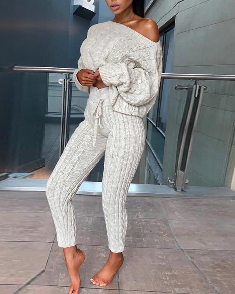 

Long Sleeve Cable Knit Sweater & Pants Set, Beige