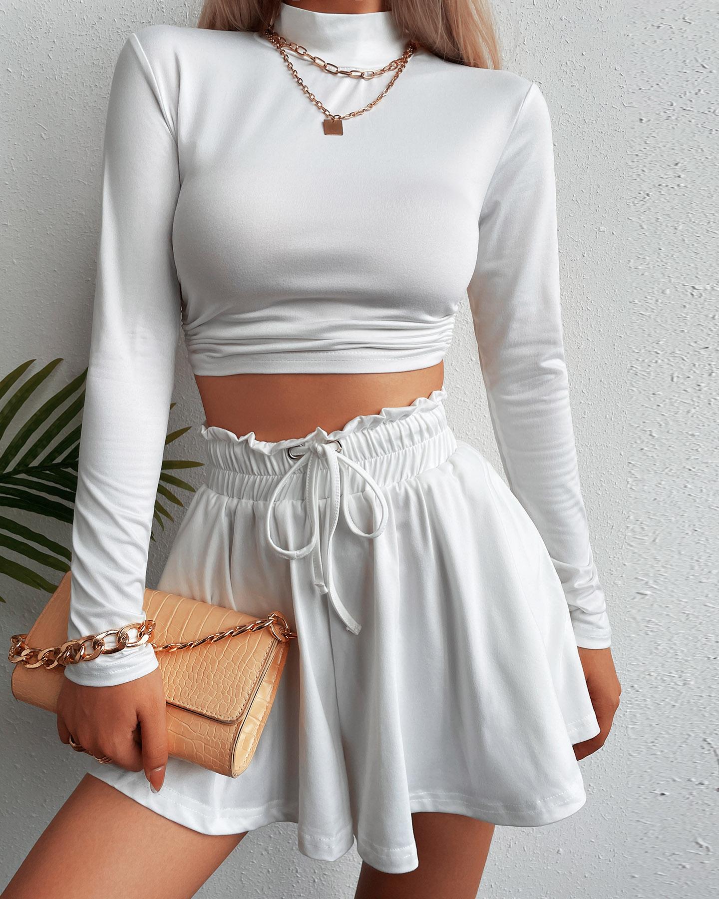 

Solid Lace-up Crop Top & Drawstring Elastic Waist Shorts Set, White