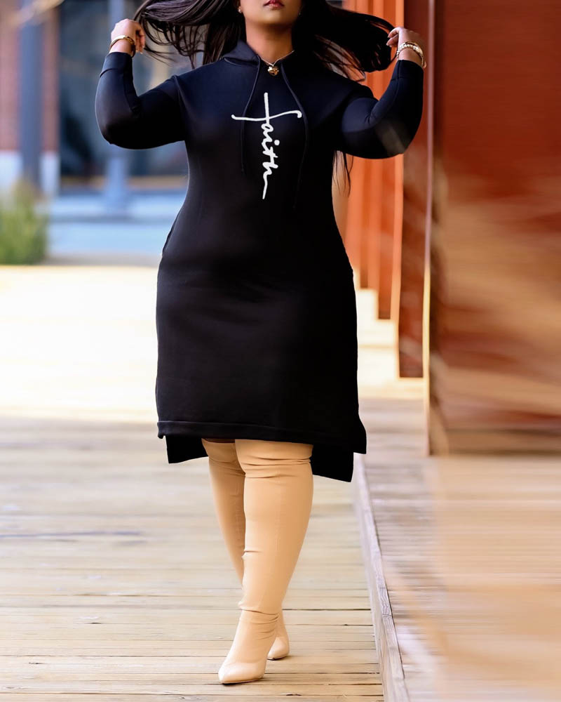 

Plus Size Letter Print Split Hem Hooded Sweatshirt Dress, Black