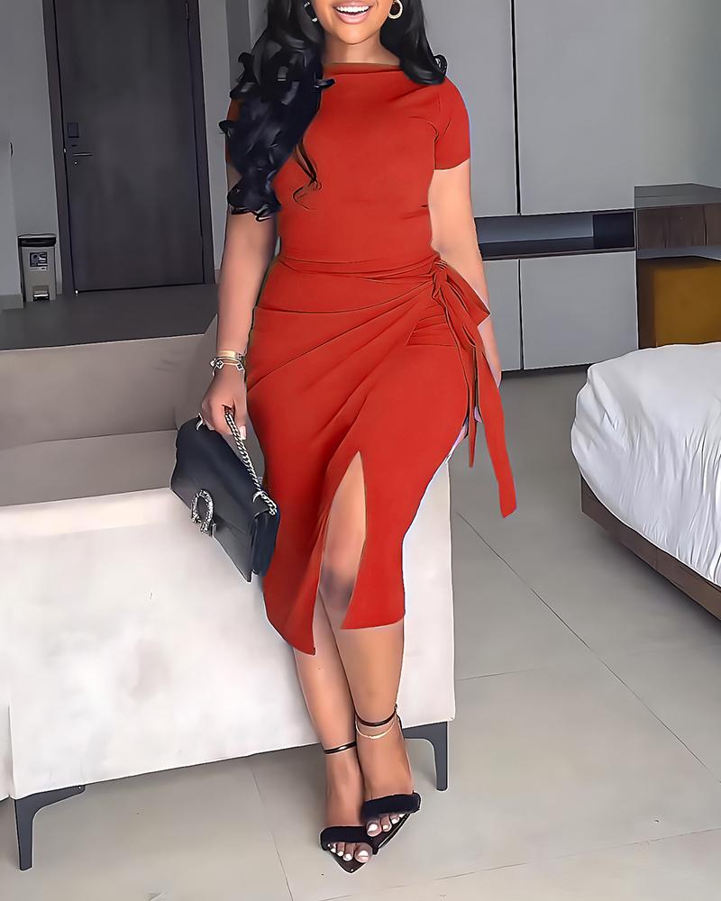 

Boat Neck Top & Tied Detail Slit Skirt Set, Red