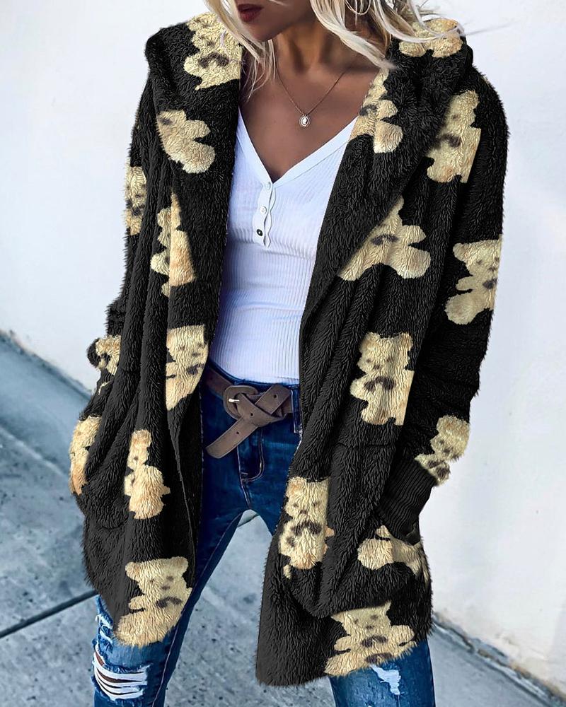 

Cartoon Bear Print Long Sleeve Hooded Teddy Coat, Black