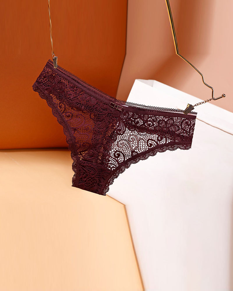 

Breathable Scallop Trim Floral Lace Panty, Wine red