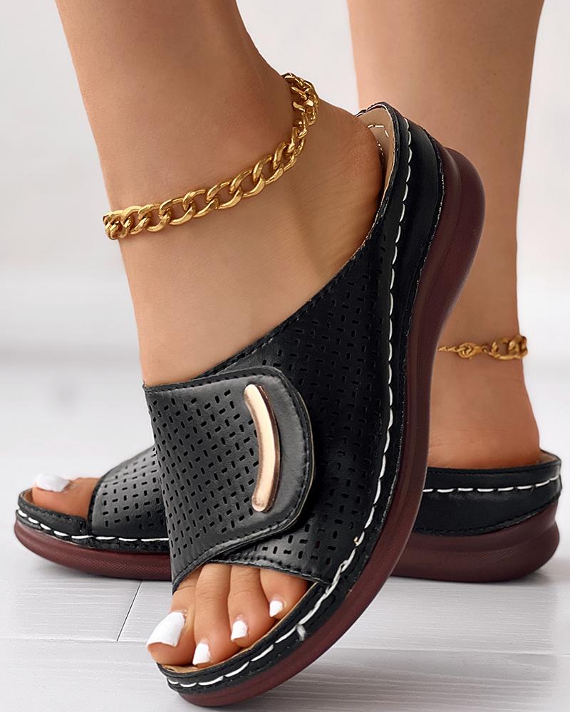 

Peep Toe Hollow Out Wedge Slippers, Black