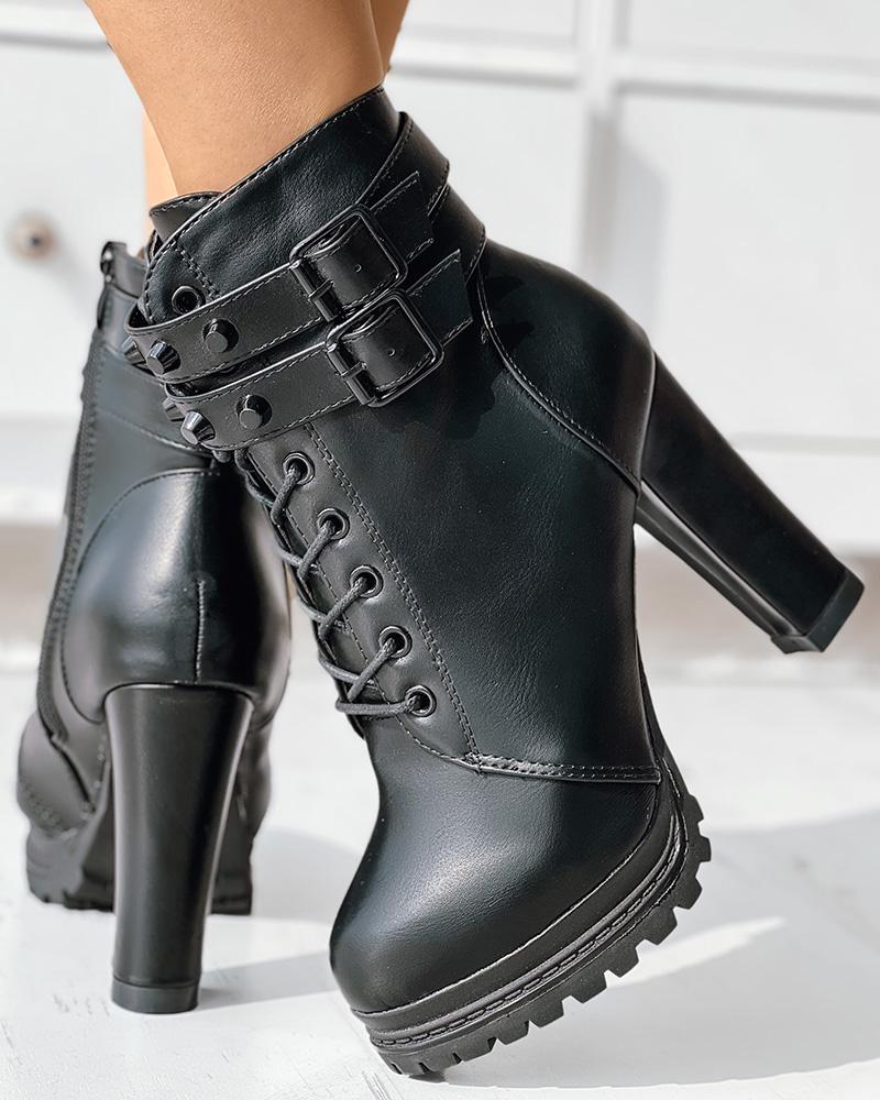 

Eyelet Lace-up Buckled Chunky Heel Combat Boots, Black