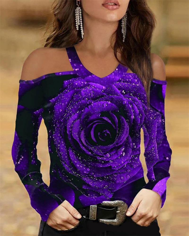 

Floral Print Cold Shoulder Top, Purple