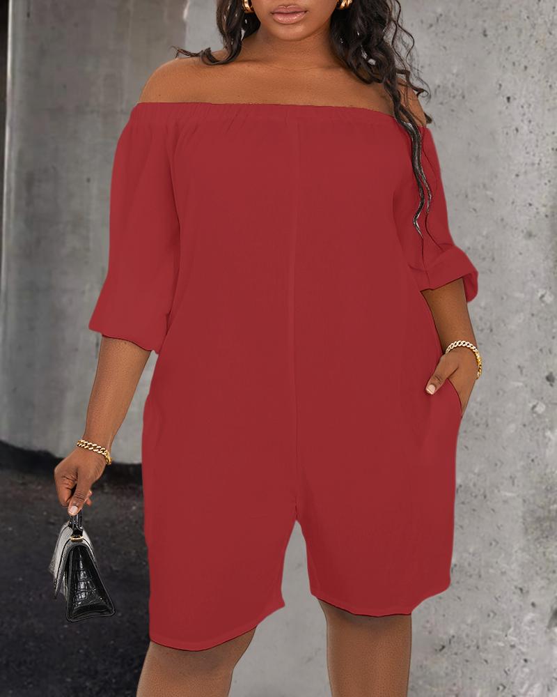

Plus Size Off Shoulder Pocket Design Casual Romper, Red