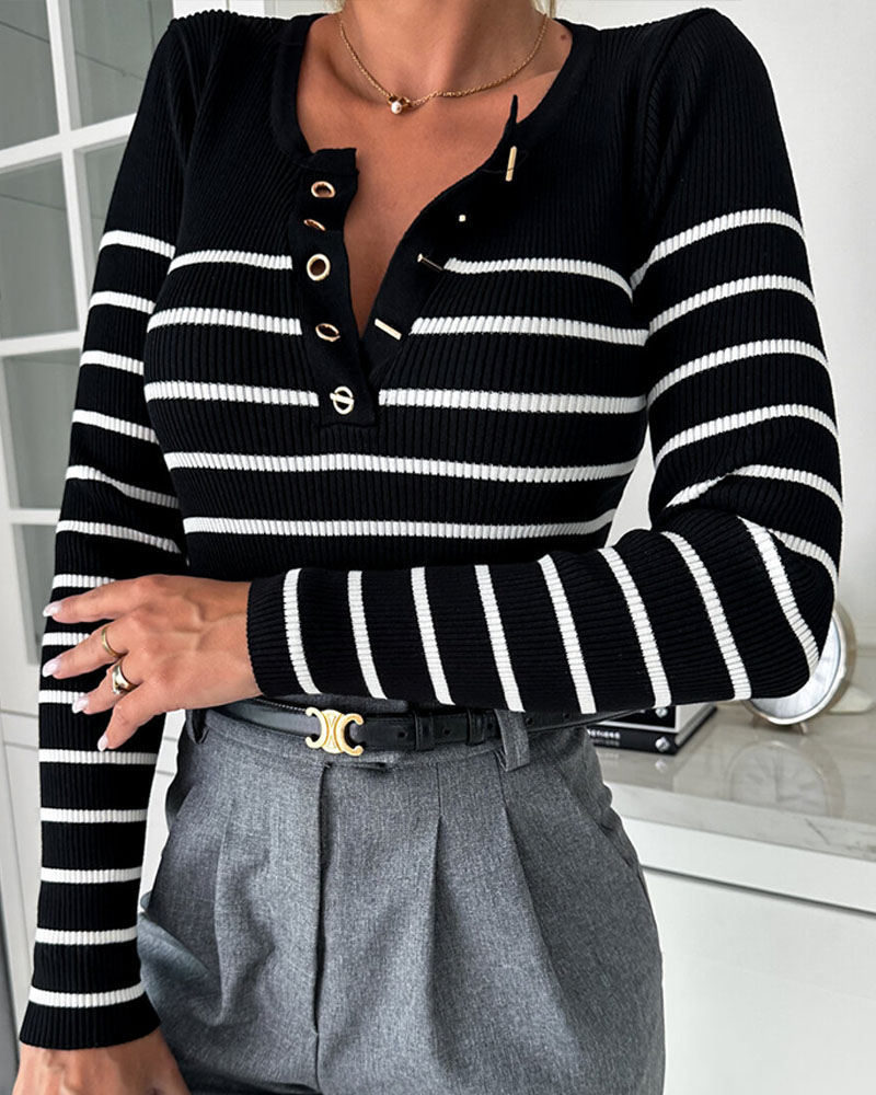 

Striped OT Toggle Eyelet Knit Sweater, Black