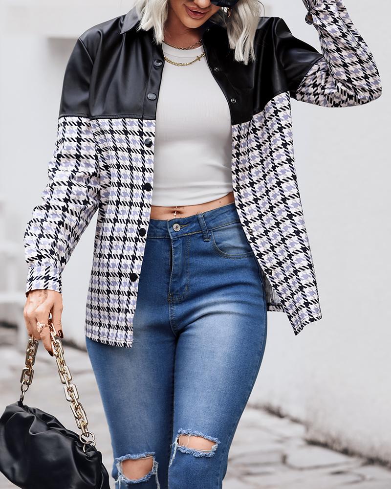 

Plaid Print PU Leather Patch Button Front Jacket, Black