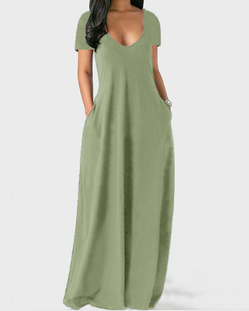 

Short Sleeve V-Neck Casual Maxi Dress, Light green