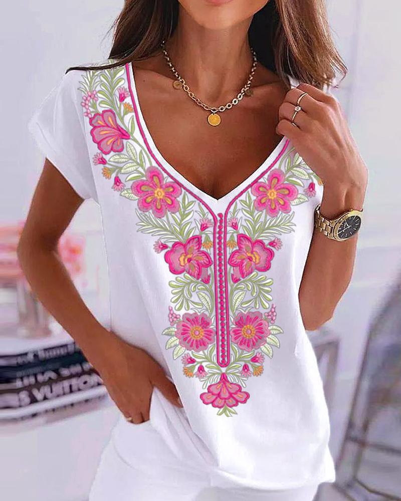 

Floral Print Short Sleeve Casual T-shirt, White