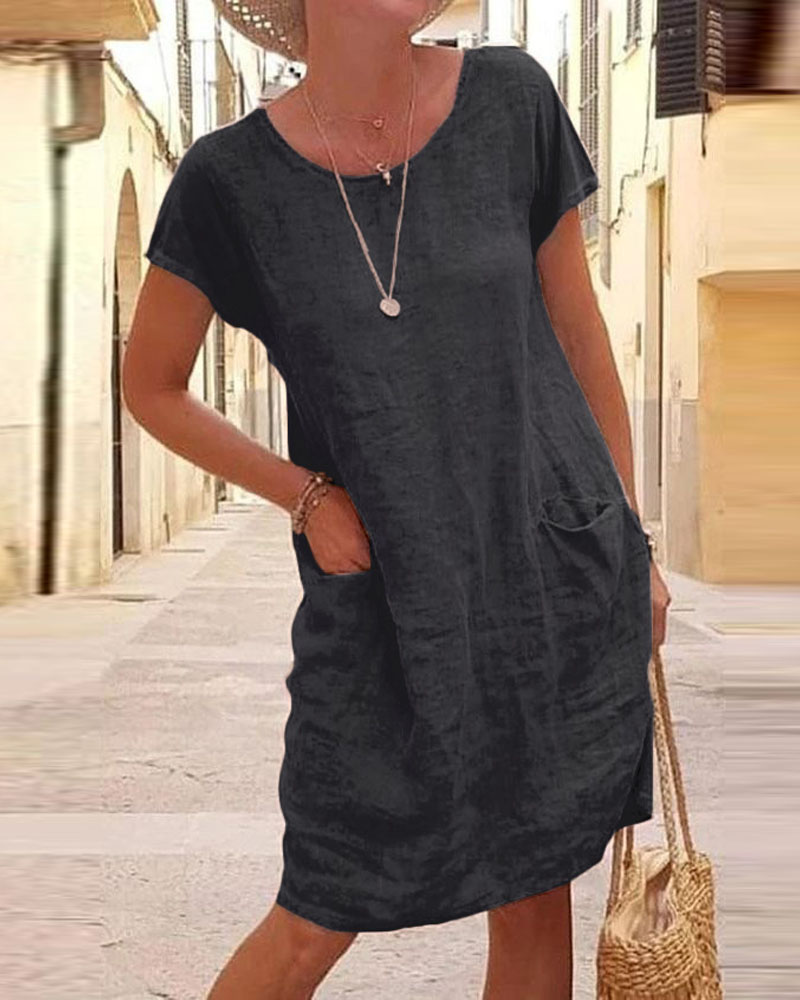 

Pocket Detail Short Sleeve Casual Dress, Black