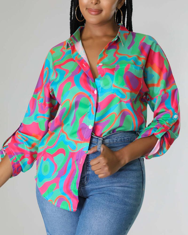 

Abstract Print Chain Linked V-Back Button Down Shirt, Green