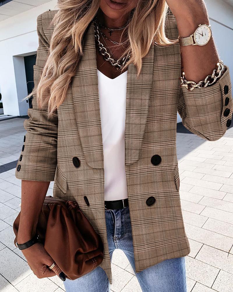 

Houndstooth Double Breasted Long Sleeve Blazer Coat, Brown