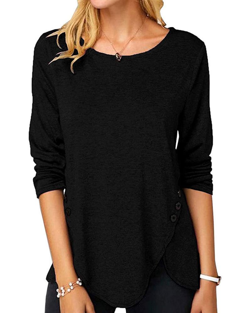 

Button Design Long Sleeve Casual Top, Black