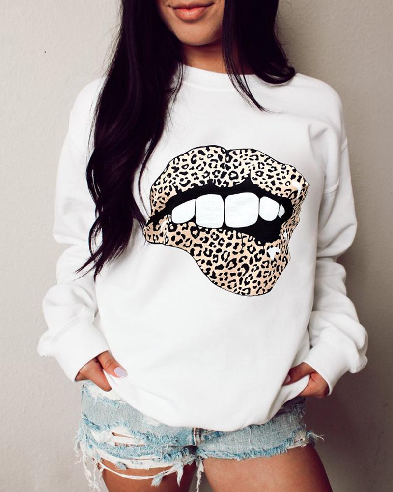 

Lip / Skull / Cheetah / Eyelash Print Casual Sweatshirt, Style5