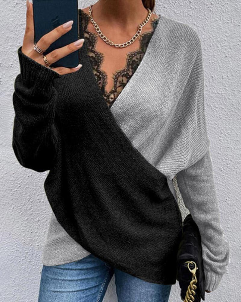 Colorblock Contrast Lace V-Neck Wrap Sweater