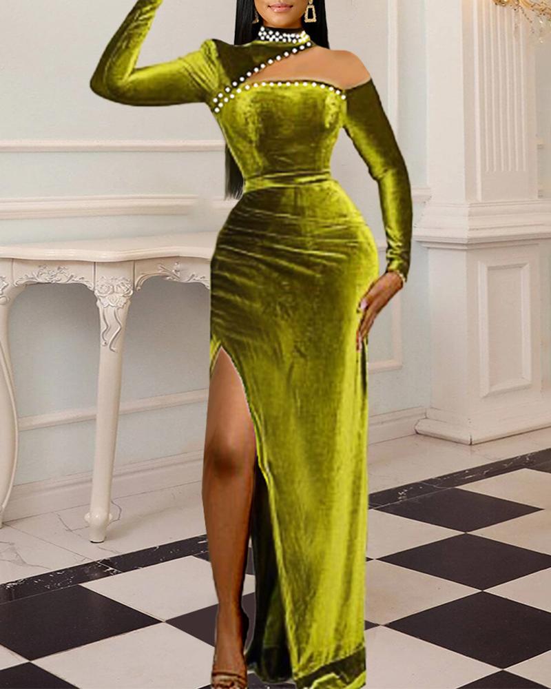 

Cutout Velvet Beaded High Slit Evening Dress, Green