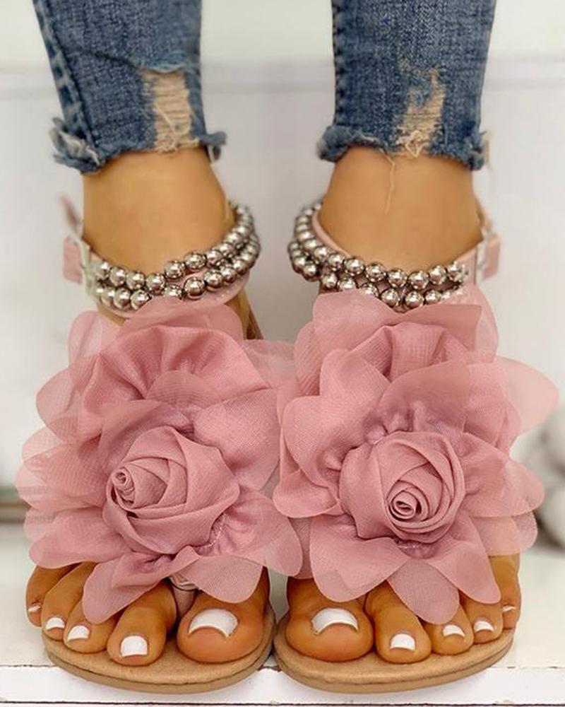 

Mesh Floral Embellished Beaded Flat Sandals, Pink