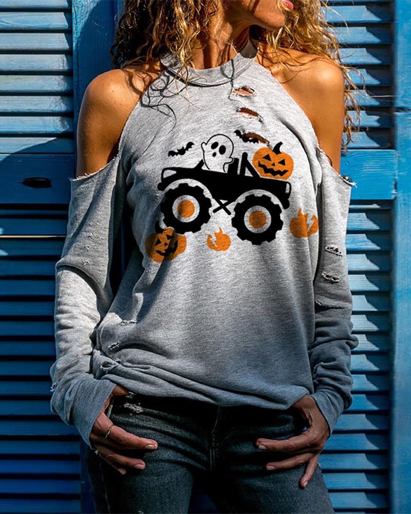 

Halloween Cold Shoulder Pumpkin Ghost Print Cutout Top, Gray