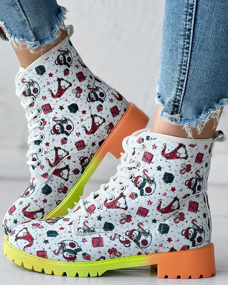 Christmas Gnomes Snowman Graphic Print Ombre Lace-up Ankle Boots