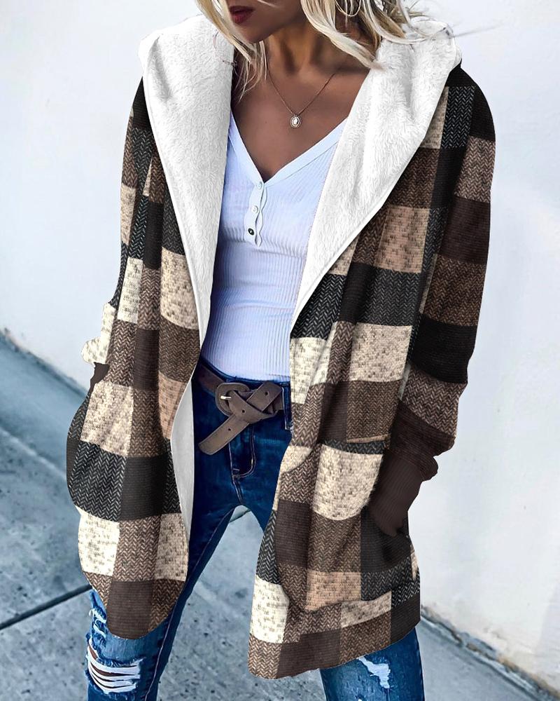 Plaid Print Long Sleeve Teddy Lined Hooded Coat