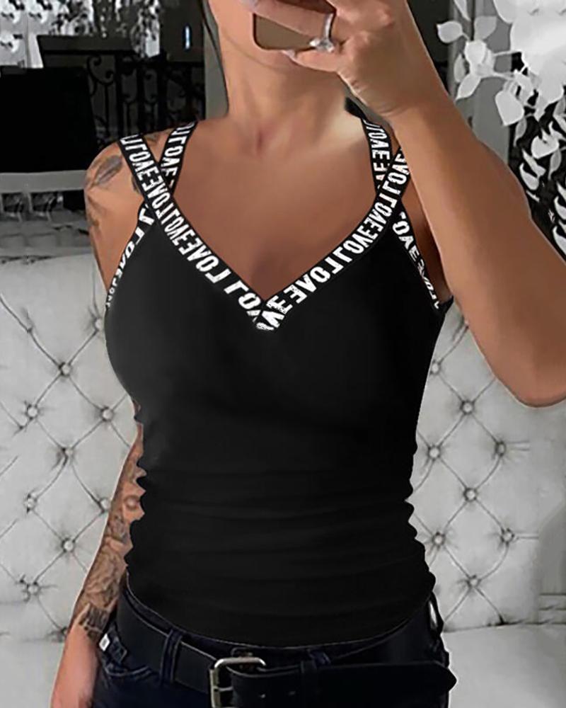 

Letter Print V-Neck Tank Top, Black