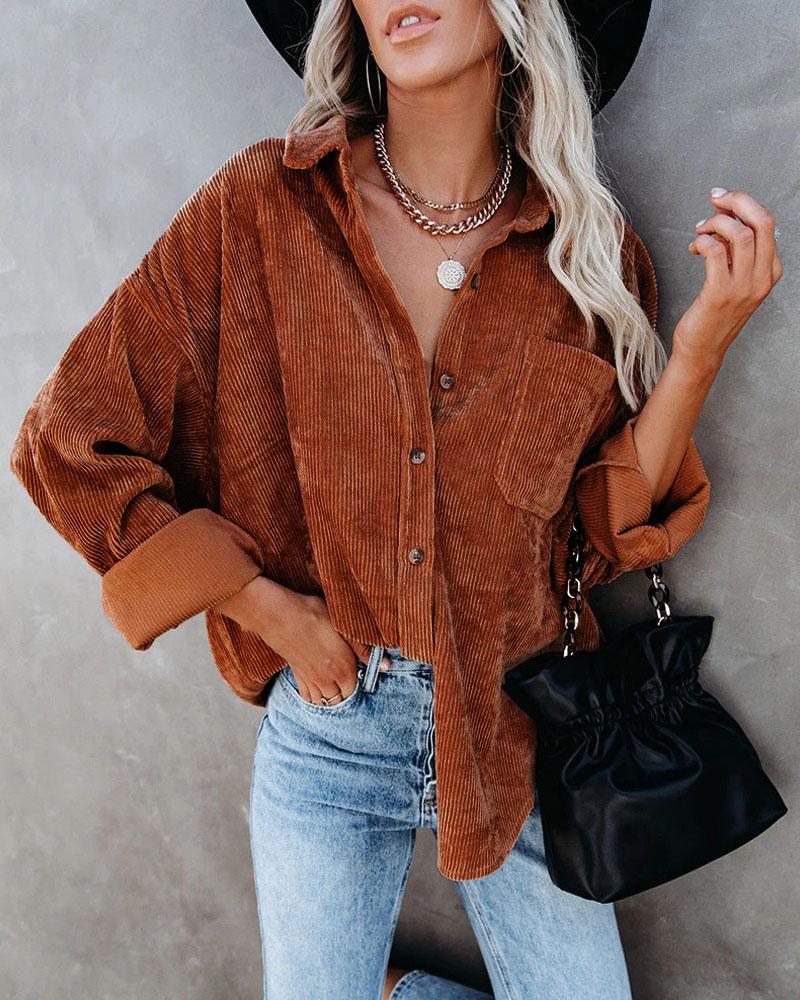 

Long Sleeve Button Front Corduroy Shacket, Brown