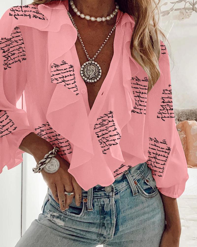 

Ruffles Trim Letter Print Long Sleeve Top, Pink