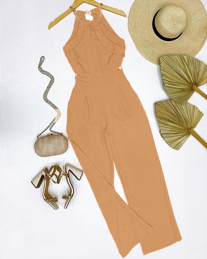 

Chain Strap Ruched Wide Leg Jumpsuit, Khaki
