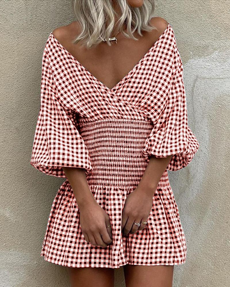 

Plaid Lantern Sleeve Shirring Detail Casual Dress, Pink