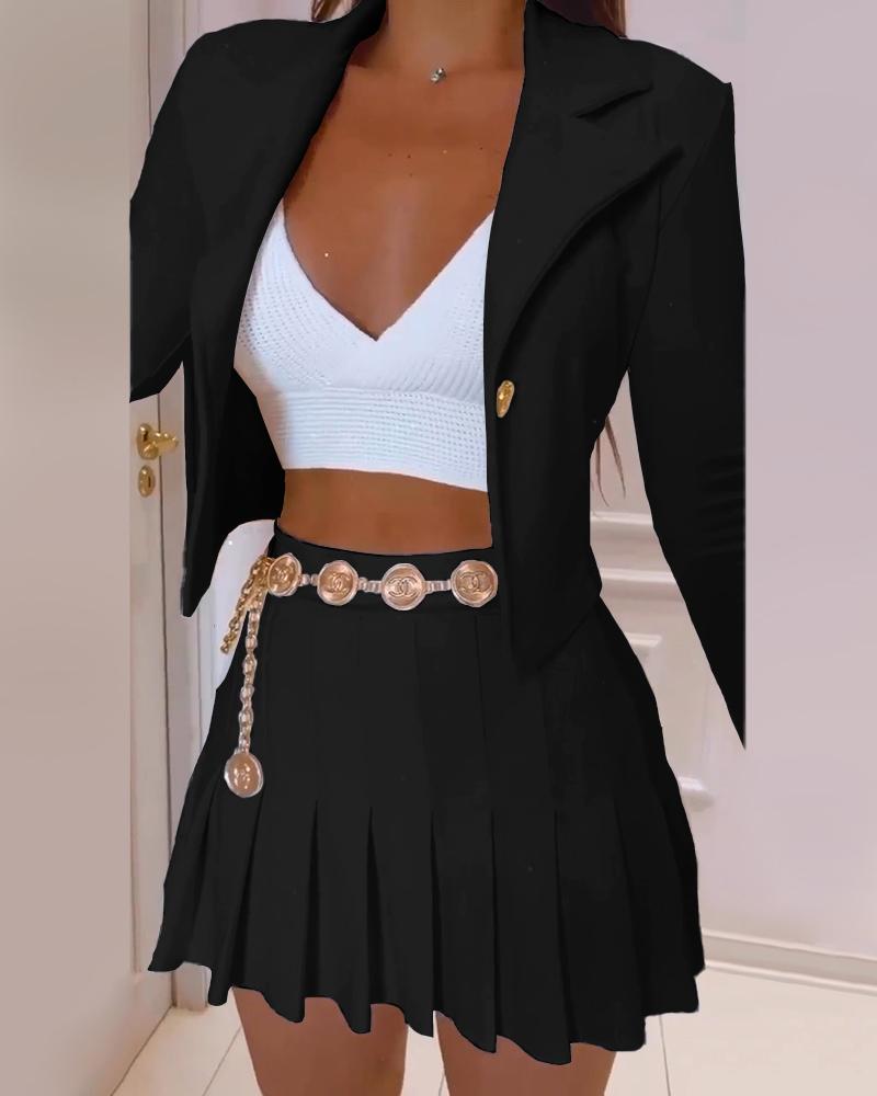 

Buttoned Long Sleeve Blazer Coat & Pleated Skirt Set Without Chain, Black