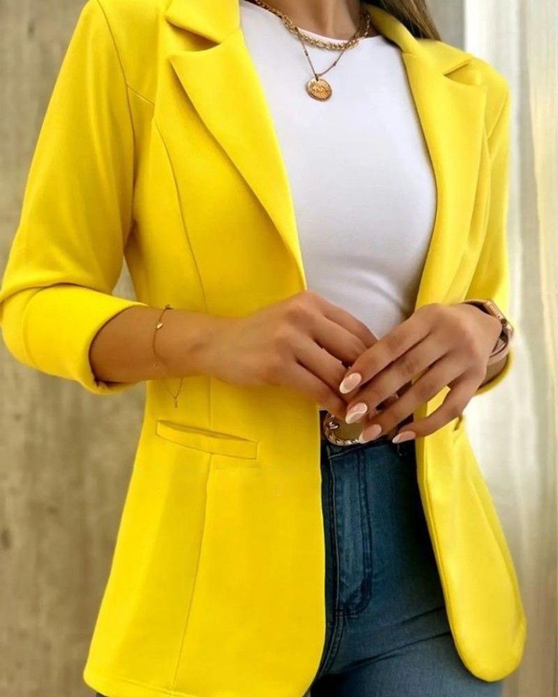 

Notched Collar Long Sleeve Blazer Coat, Yellow