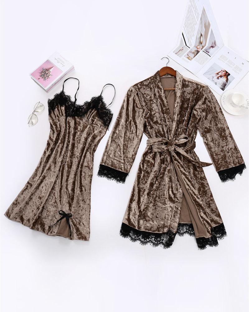 

Bowknot Decor Lace Trim Velvet Nightdress With Belted Robe, Gold