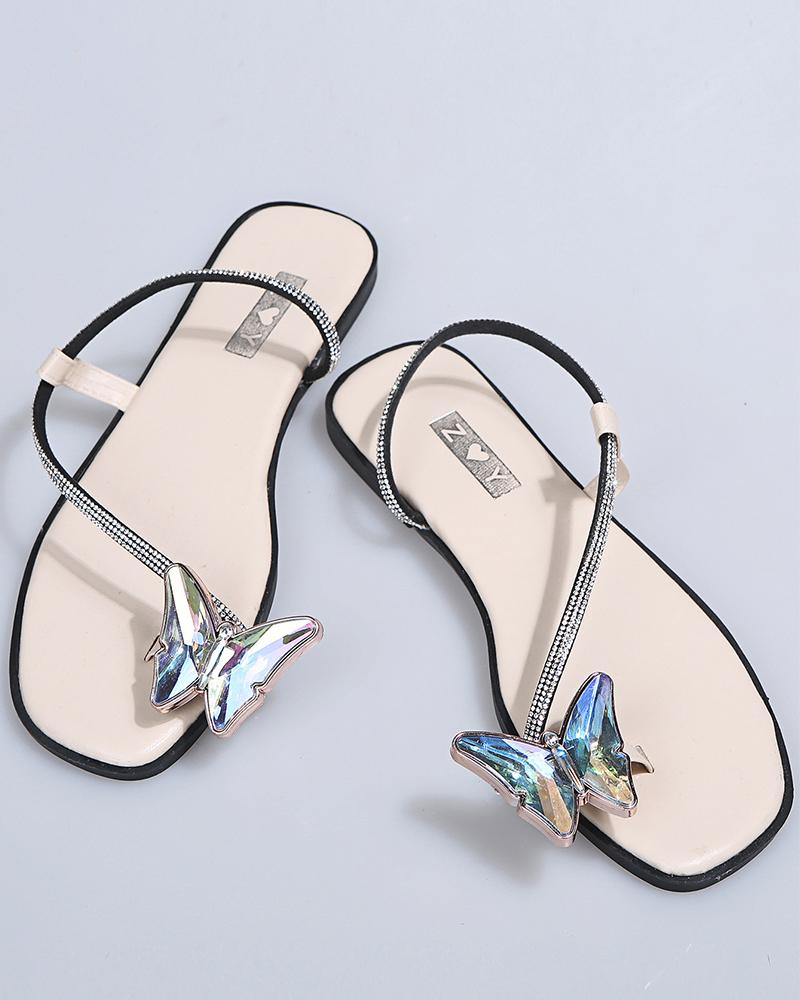 

Glitter Bowknot Butterfly Post-toe Open-toe Flat Sandals, Beige