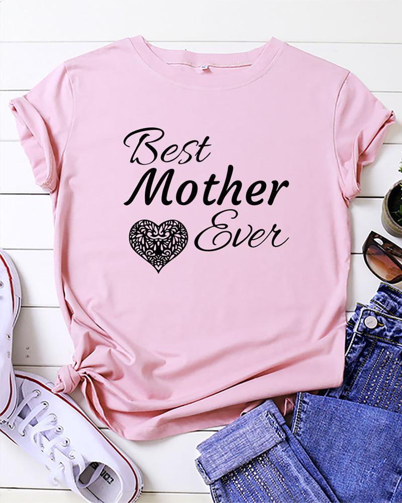 

Mother' Day Short Sleeve Letter Heart Print T-shirt, Pink