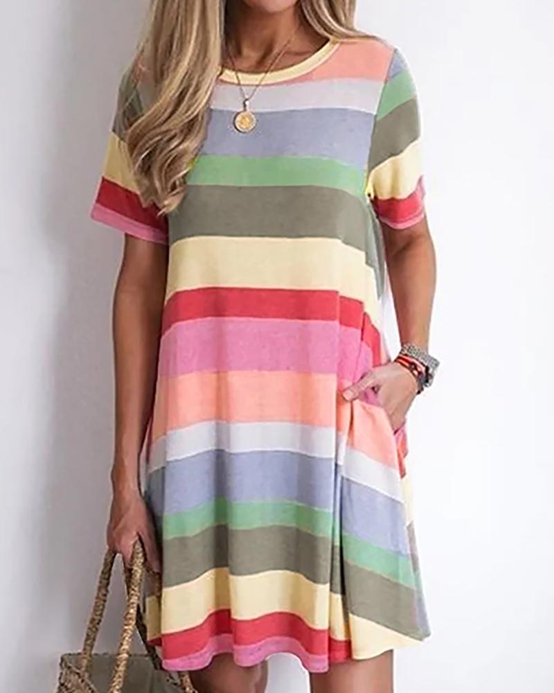 

Short Sleeve Striped Casual Dress, Pink