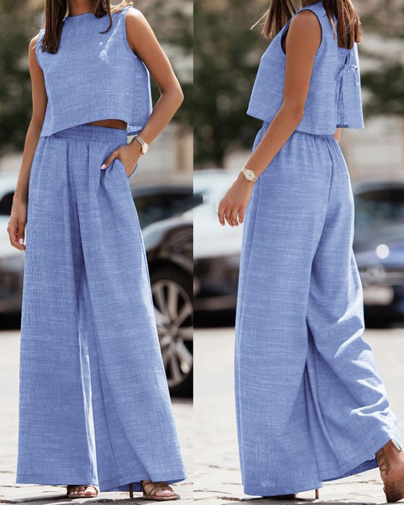 

Sleeveless Tied Detail Top & Wide Leg Pants Set, Blue