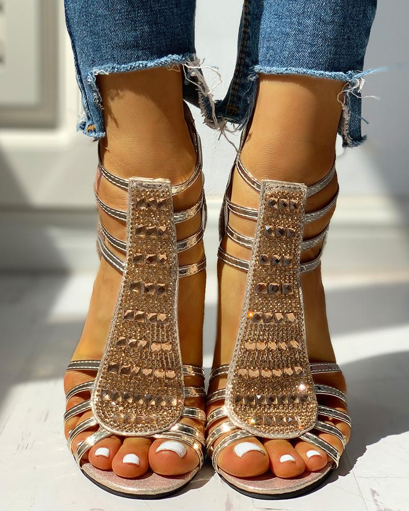 

Studded Multi-Strap Chunky Sandals, Gold