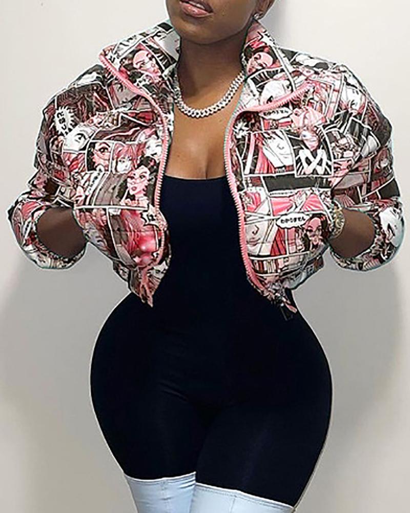 

Cartoon Print Long Sleeve Zipper Design Gilet Puffer Jacket, Red